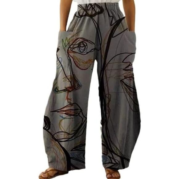 NWT ~ Gray Abstract Pockets Wide Leg Loose Casual Pants ~ Women's Size LARGE - Picture 1 of 4